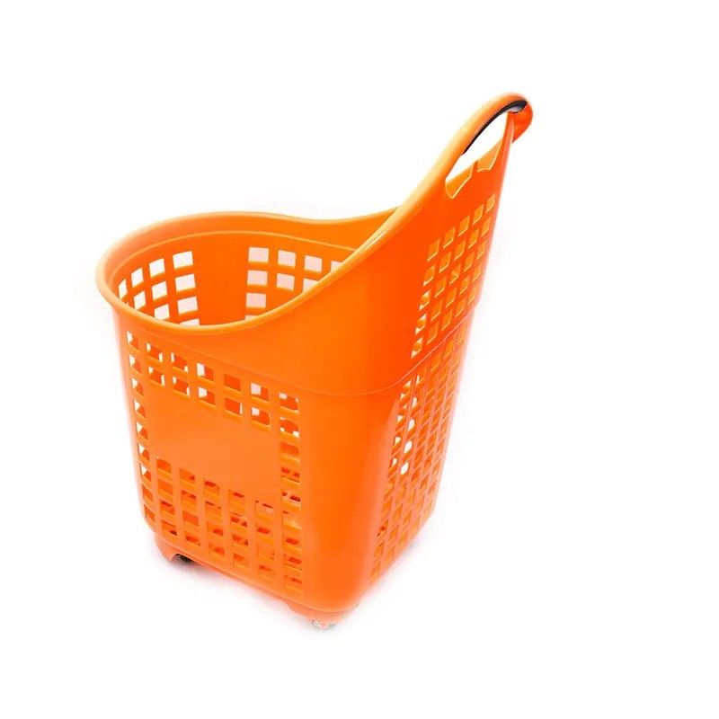 Orange rolling shopping basket trolley XC-B-22 with wheels and ergonomic handle