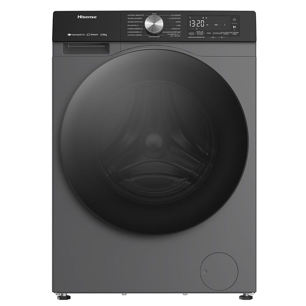 Hisense black washer dryer with door open, angled view