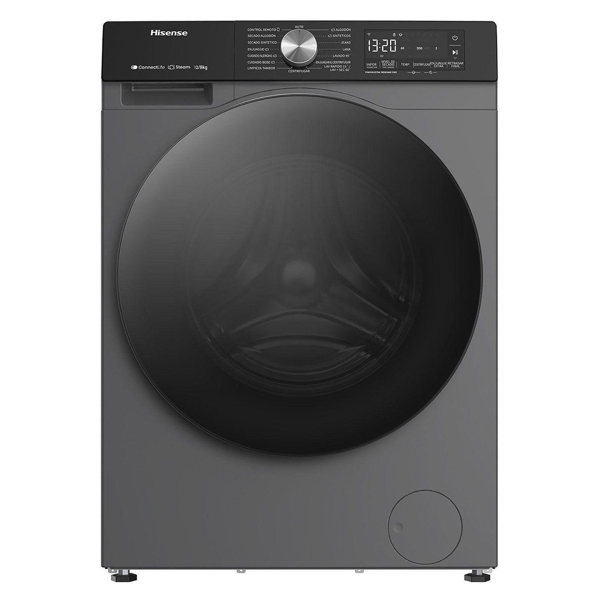 Hisense black washer dryer with door open, angled view