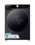 Black Hisense front-load washing machine with 12 kg label