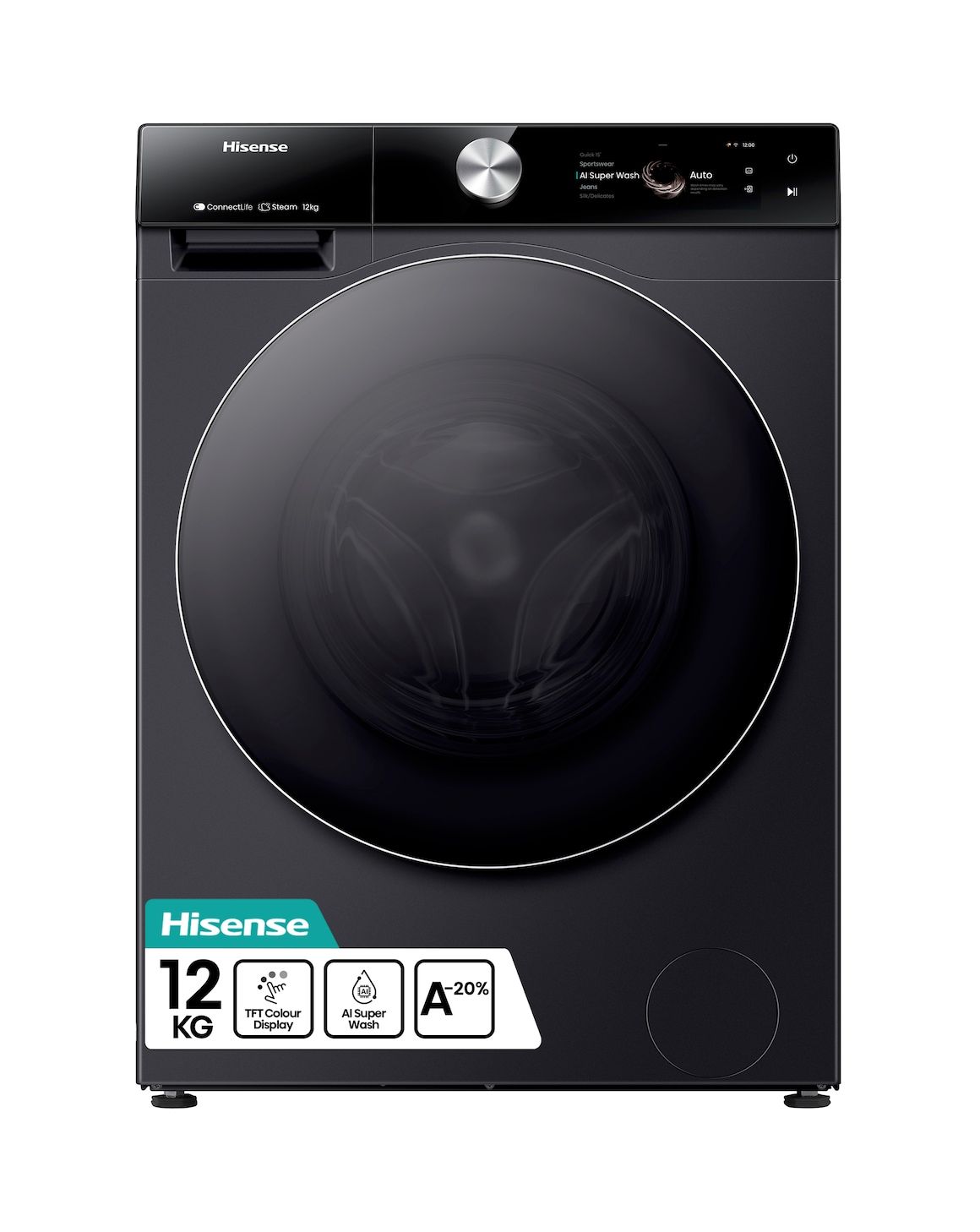 Black Hisense front-load washing machine with 12 kg label