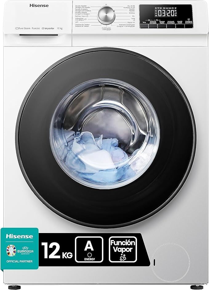 White Hisense front-load washing machine with 12 kg label