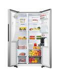 Silver side-by-side refrigerator with front dispenser and door ajar