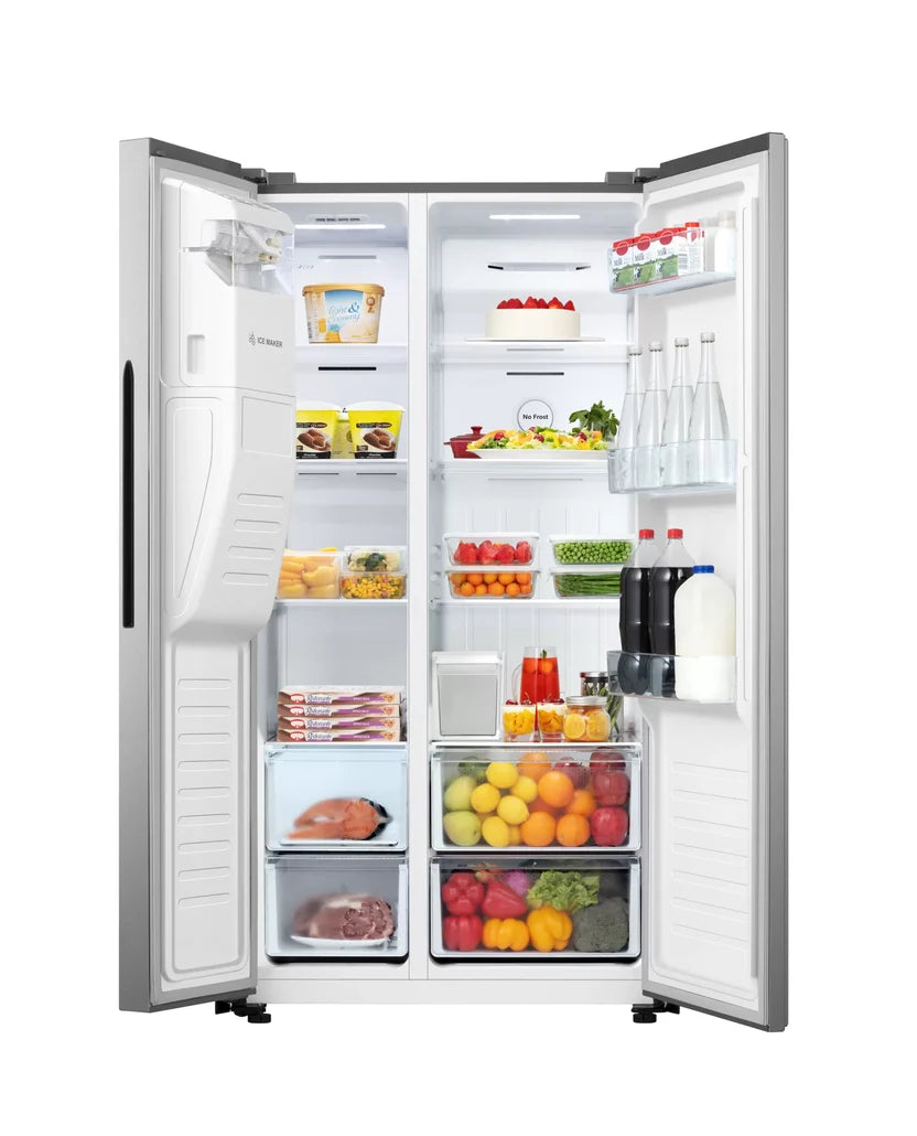 Silver side-by-side refrigerator with front dispenser and door ajar
