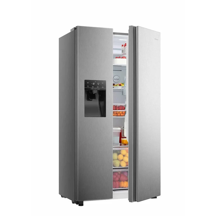 Side-by-side refrigerator with both doors open showing shelves, drawers and door storage