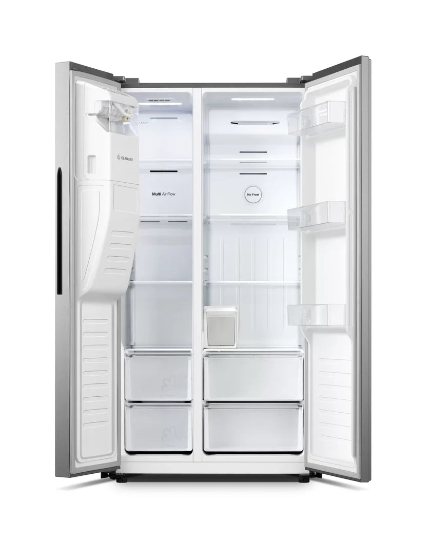 Silver Hisense side-by-side refrigerator closed with front dispenser
