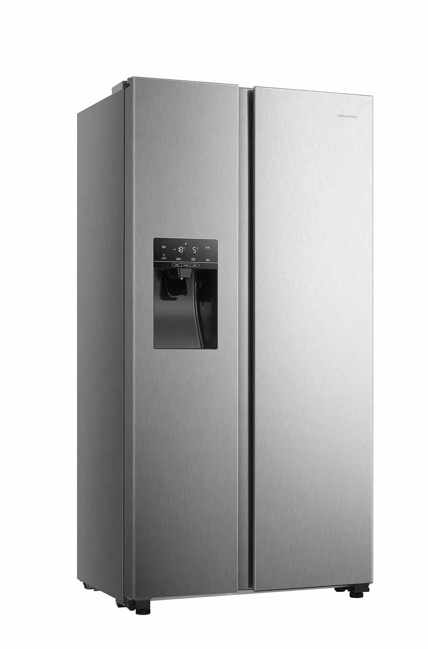 Silver side-by-side refrigerator partly open with water and ice dispenser