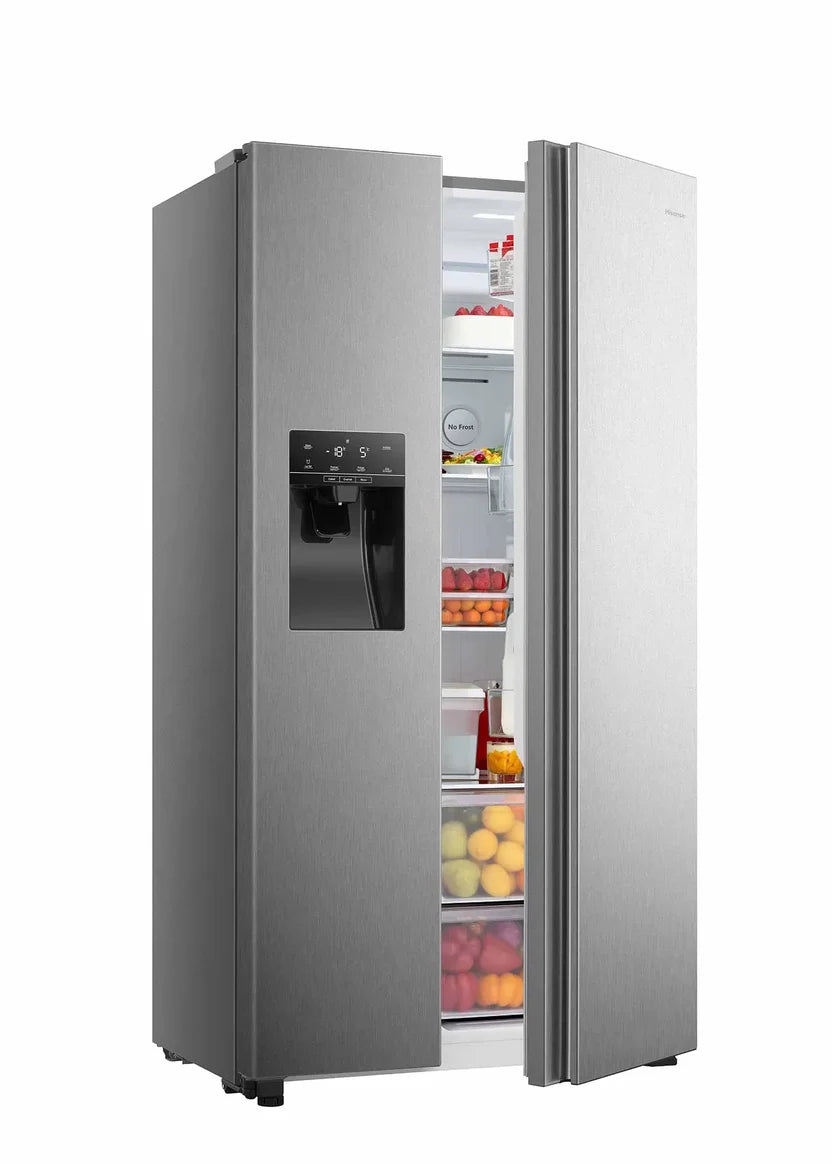 Hisense side-by-side refrigerator with both doors open showing shelves and drawers