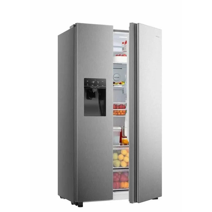 Silver Hisense side-by-side refrigerator with front dispenser and one door ajar