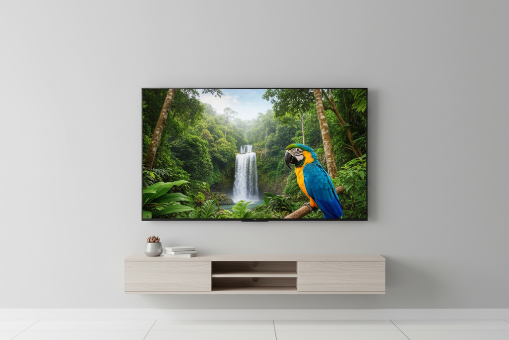 TCL 65 inch Mini QLED TV wall-mounted in modern living room