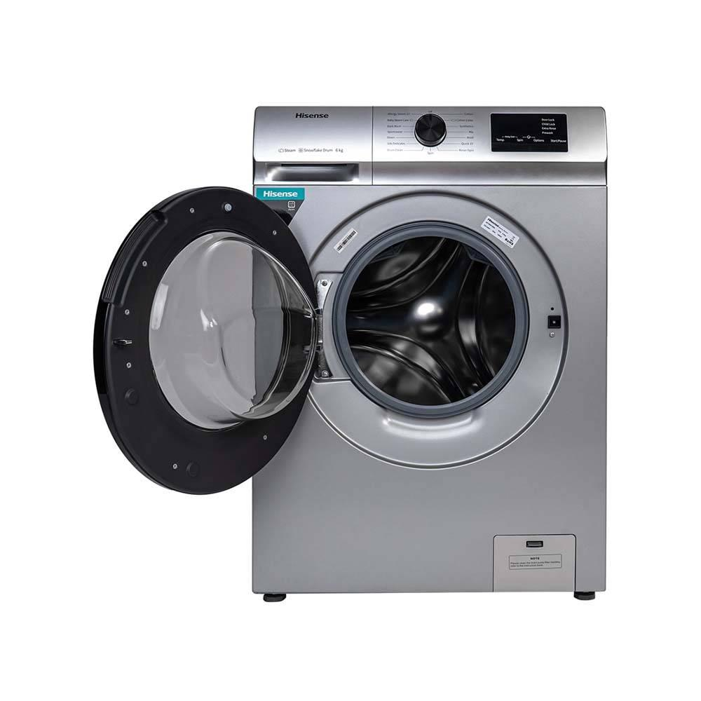 Silver Hisense 6kg front-load washing machine with the drum door open