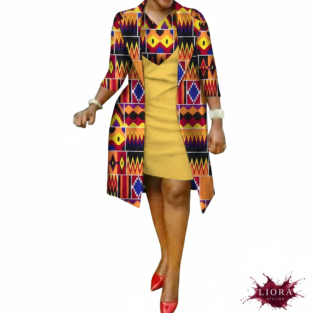 Liora Atelier Ankara Dress & Coat Set - Kente Gold Print
