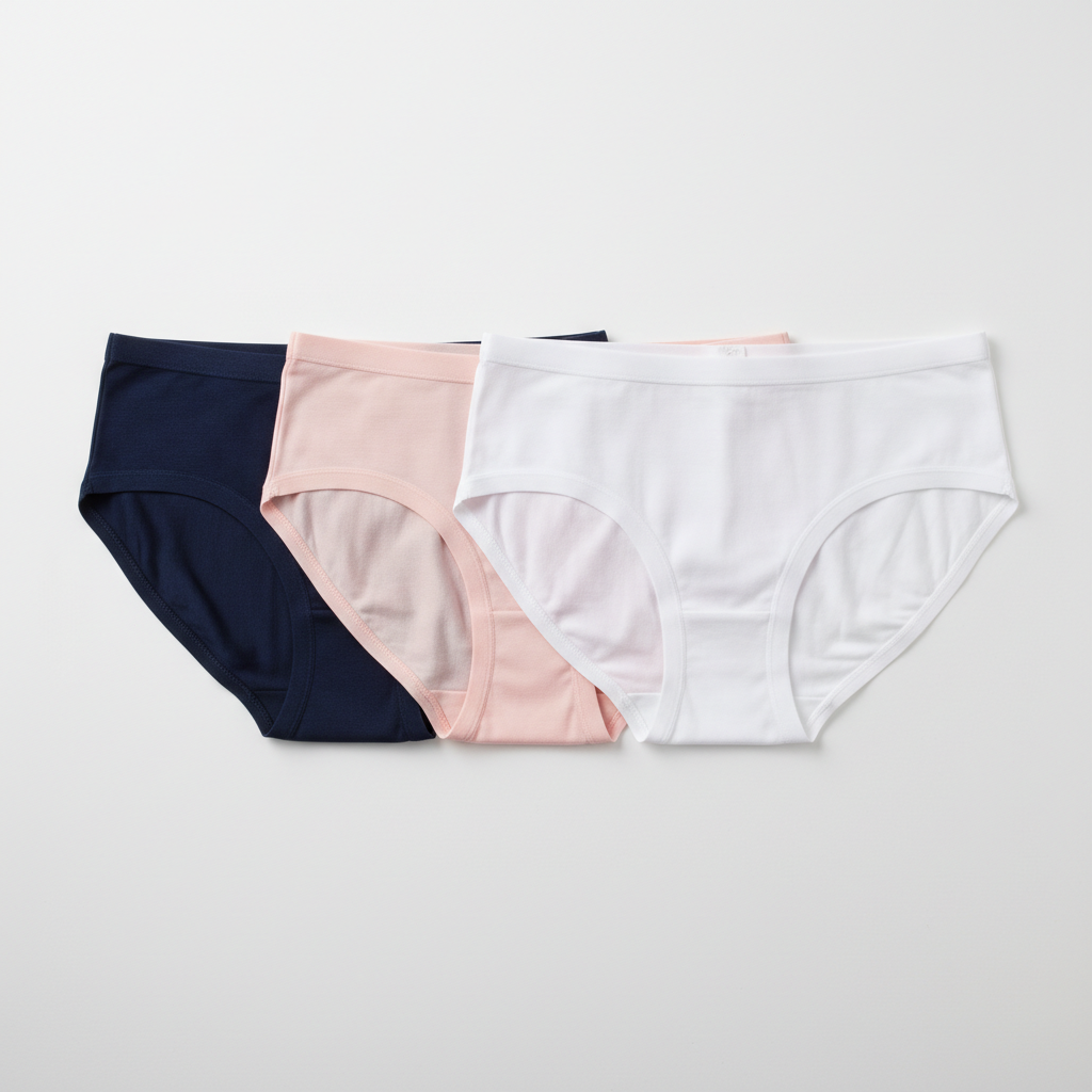 Flat lay of seamless briefs in navy, pink and white
