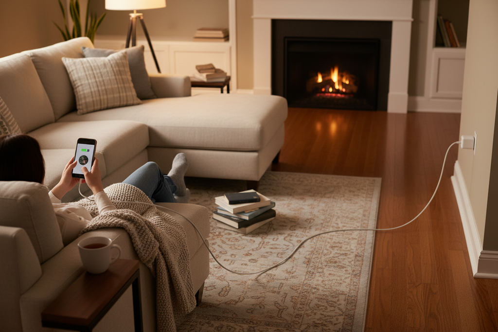 Person charging phone on couch with long USB-C to USB-C cable