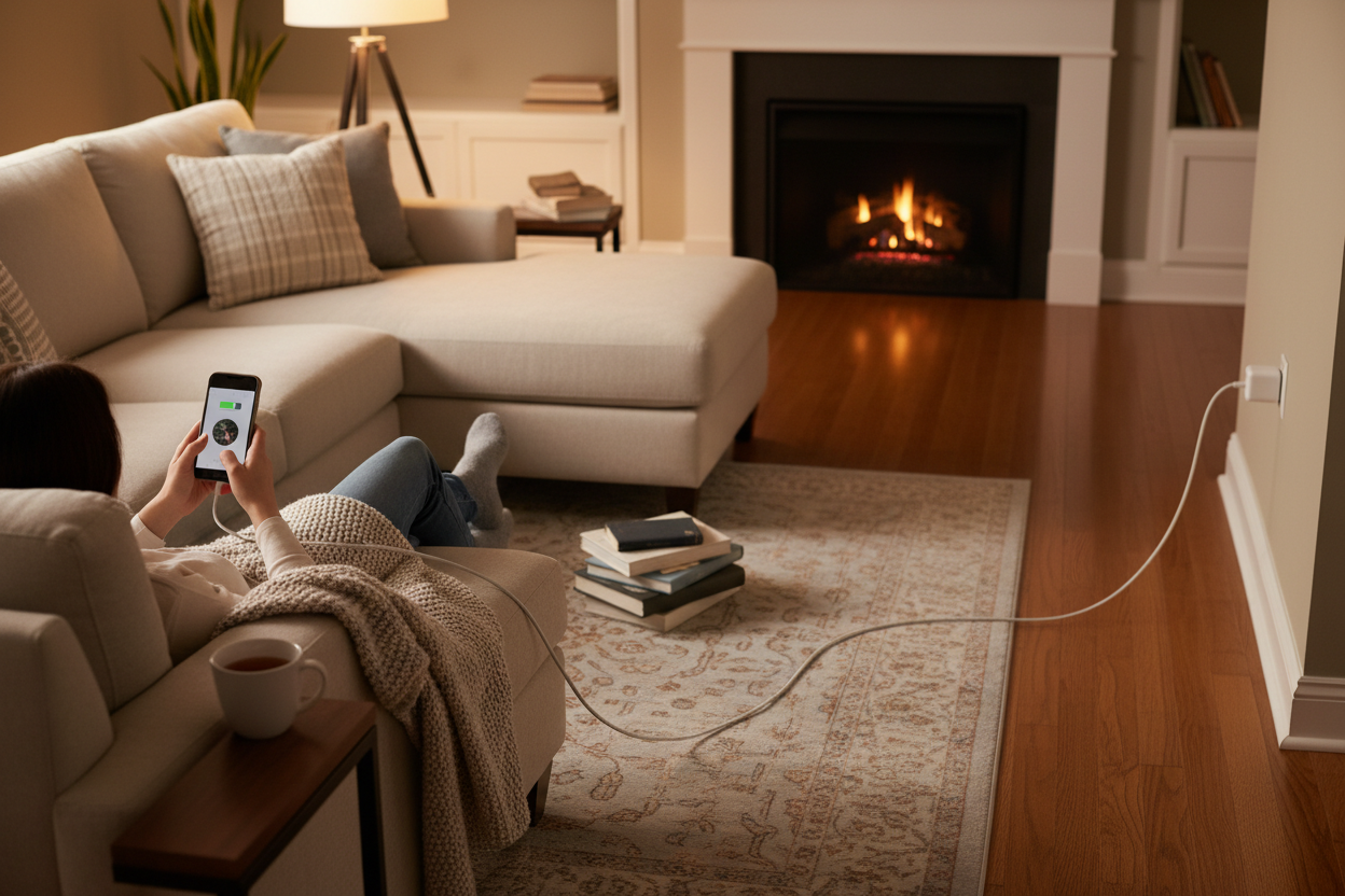 Person charging phone on couch with long USB-C to USB-C cable