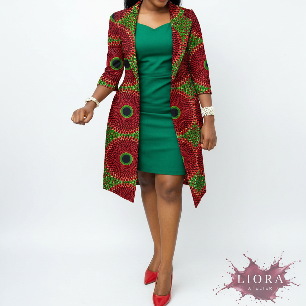 Liora Atelier Ankara Dress & Coat Set - Red & Green Circle Print