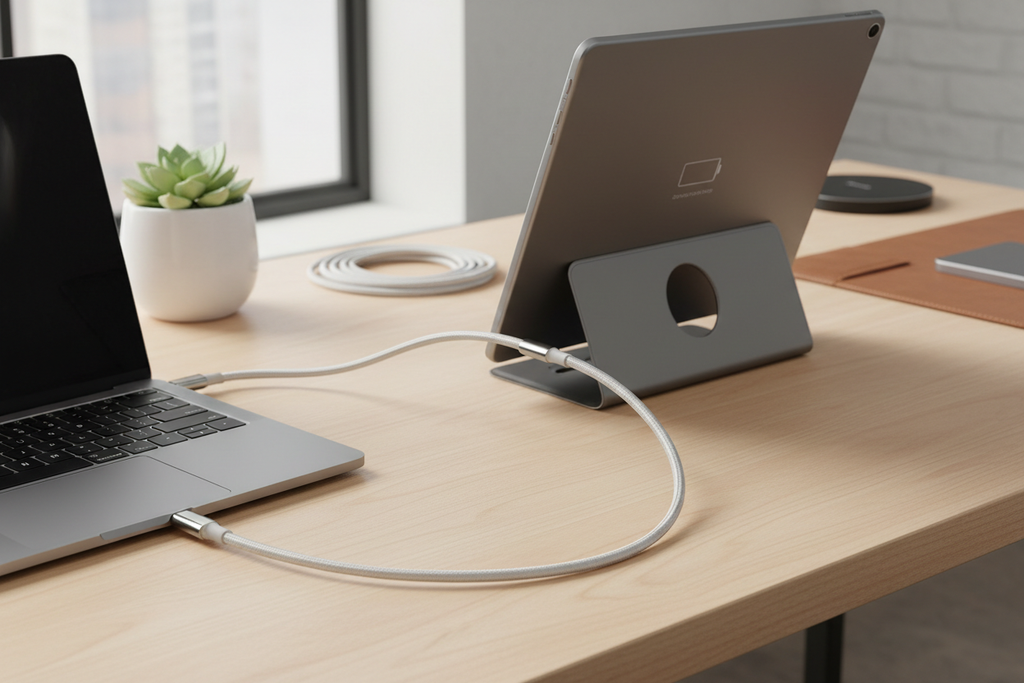 MacBook charging iPad with long USB-C to USB-C cable on desk