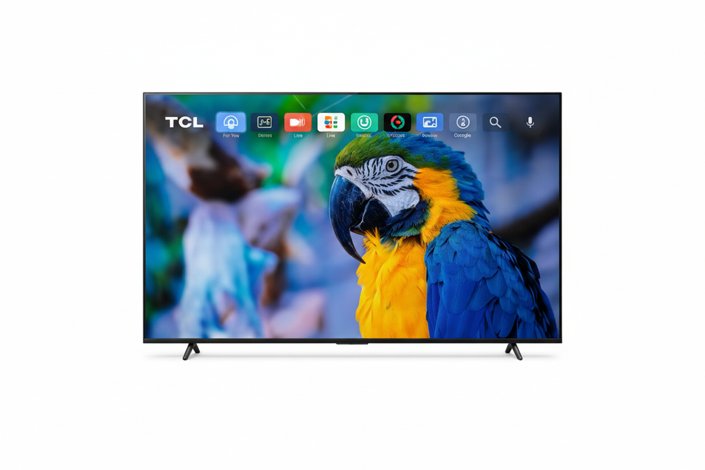 TCL 65 inch Mini QLED TV close-up product shot with Google TV UI