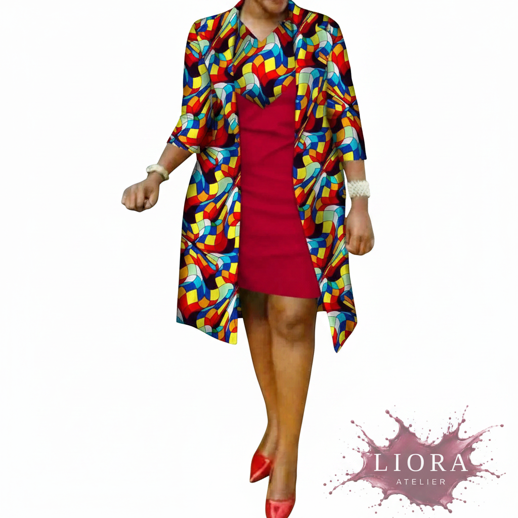Liora Atelier Ankara Dress & Coat Set - Multicolour Geometric Print