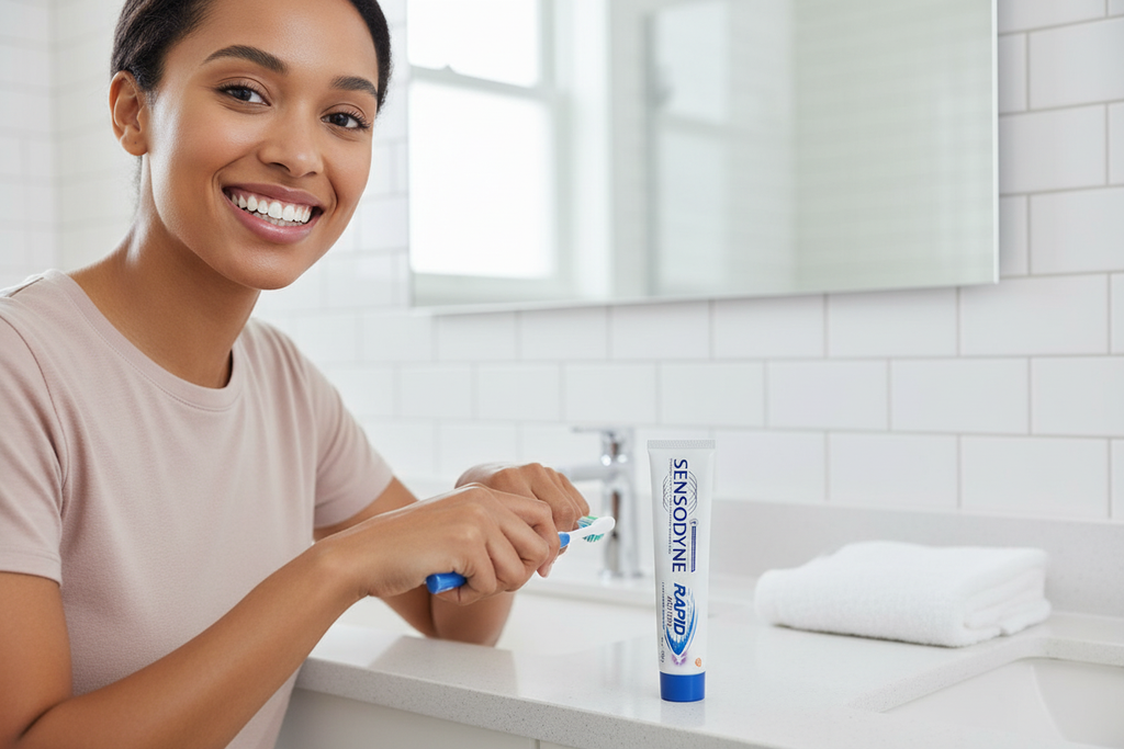 Person brushing teeth with Sensodyne Rapid Action