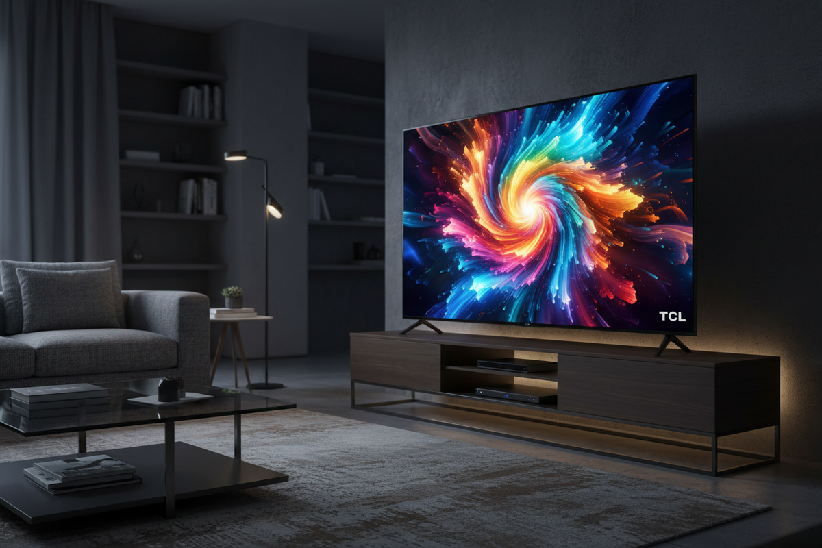 TCL 65 inch Mini QLED TV on stand in dark ambient living room