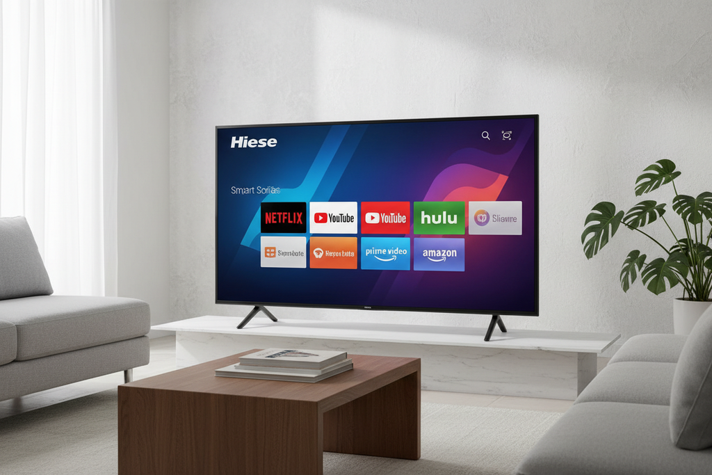 Hisense 43 inch A4 Series Smart TV on stand displaying smart home screen